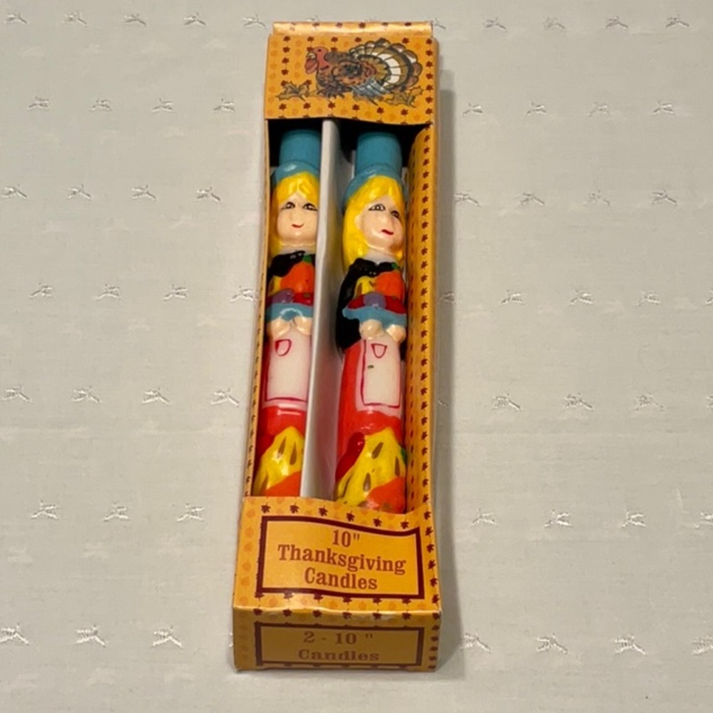 2 - 10” Thanksgiving Candles Vintage Women in Apron Holding Tray of Vegetables